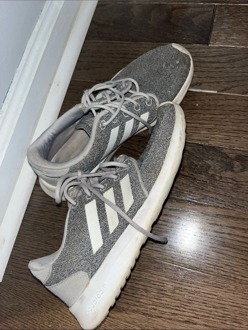 adidas Gray Knit Athletic Sneakers with White Stripes